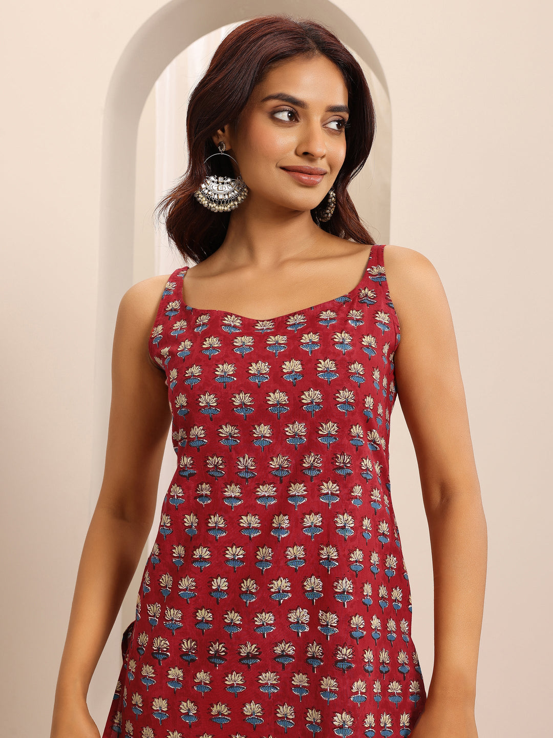 Red Printed Cotton Blend Straight Short Kurti