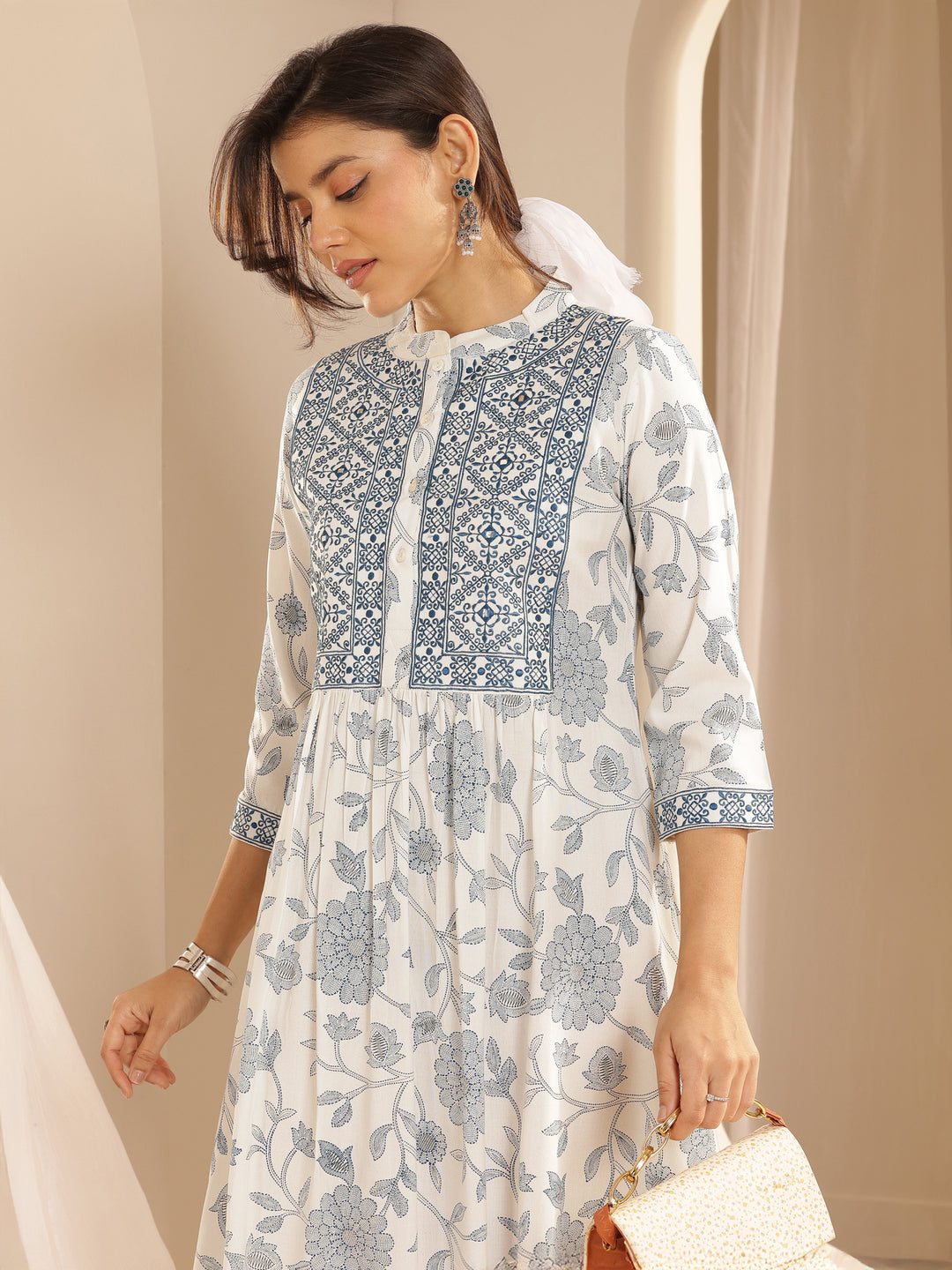 White Printed Rayon A-Line One Piece Dress