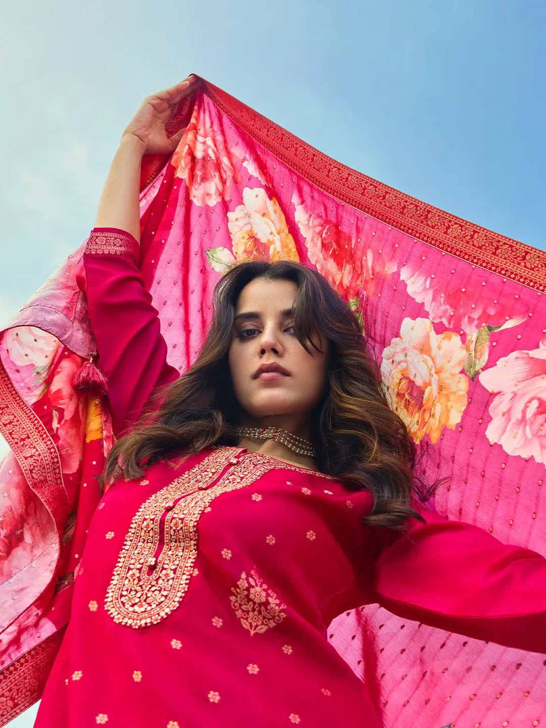 Pink Woven Design Silk Blend Straight Suit With Dupatta