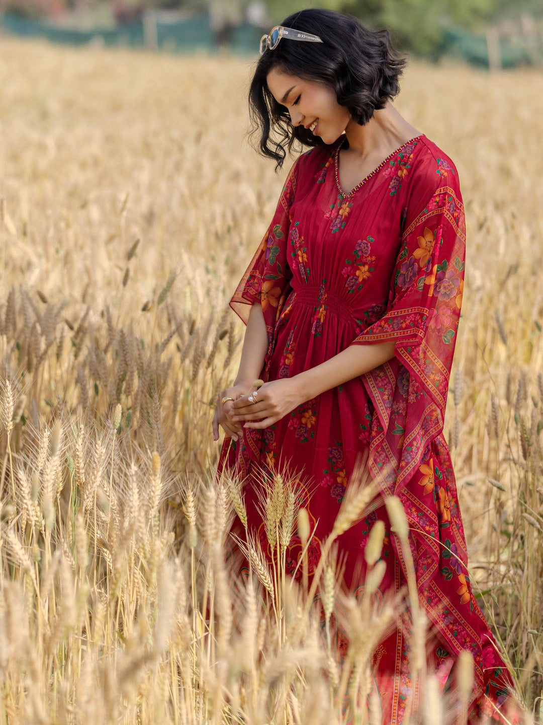 Maroon Printed Chiffon A-line Kurta Set