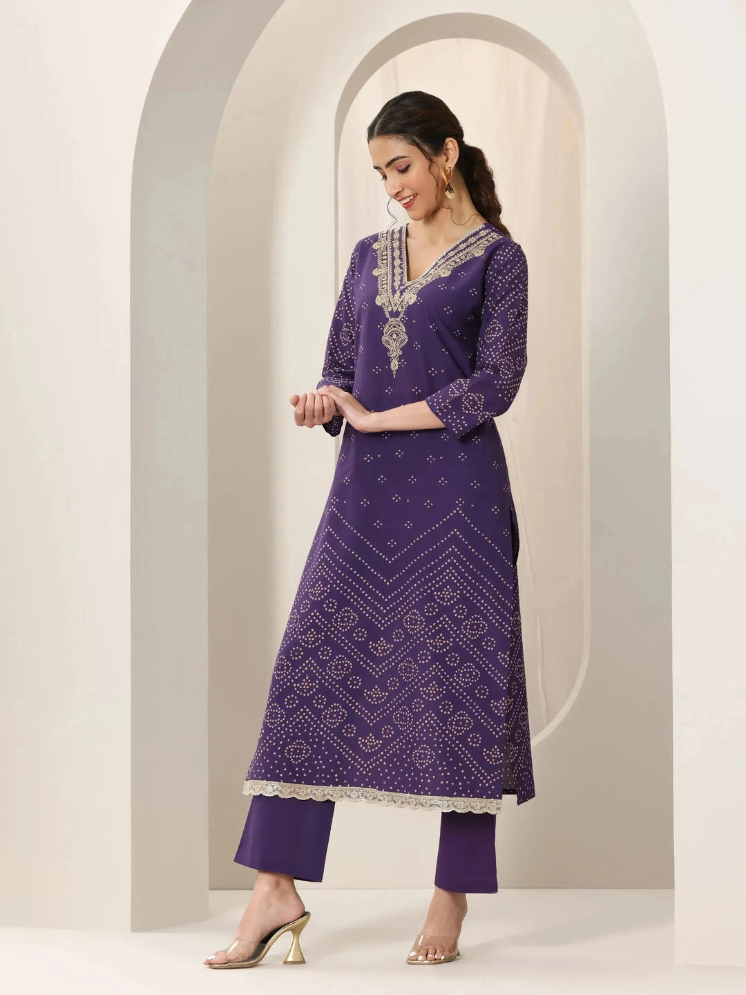 Purple Printed Cotton Straight Suit Set With Dupatta