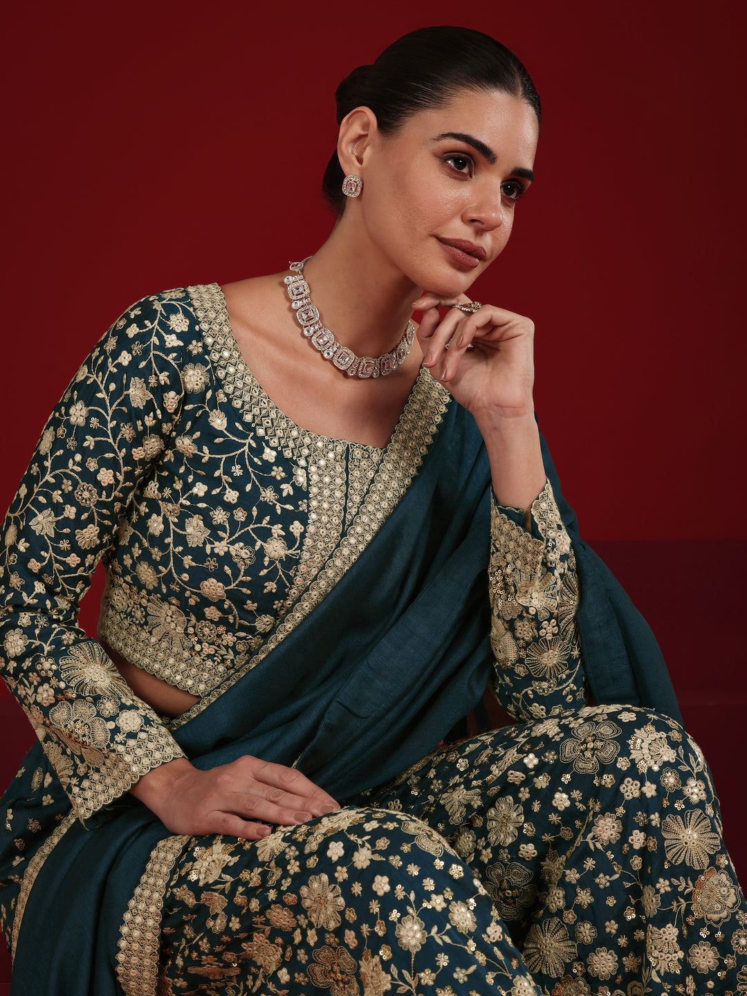 Libas Art Teal Embroidered Silk Blend 3 Piece Co-Ord Sets With Dupatta