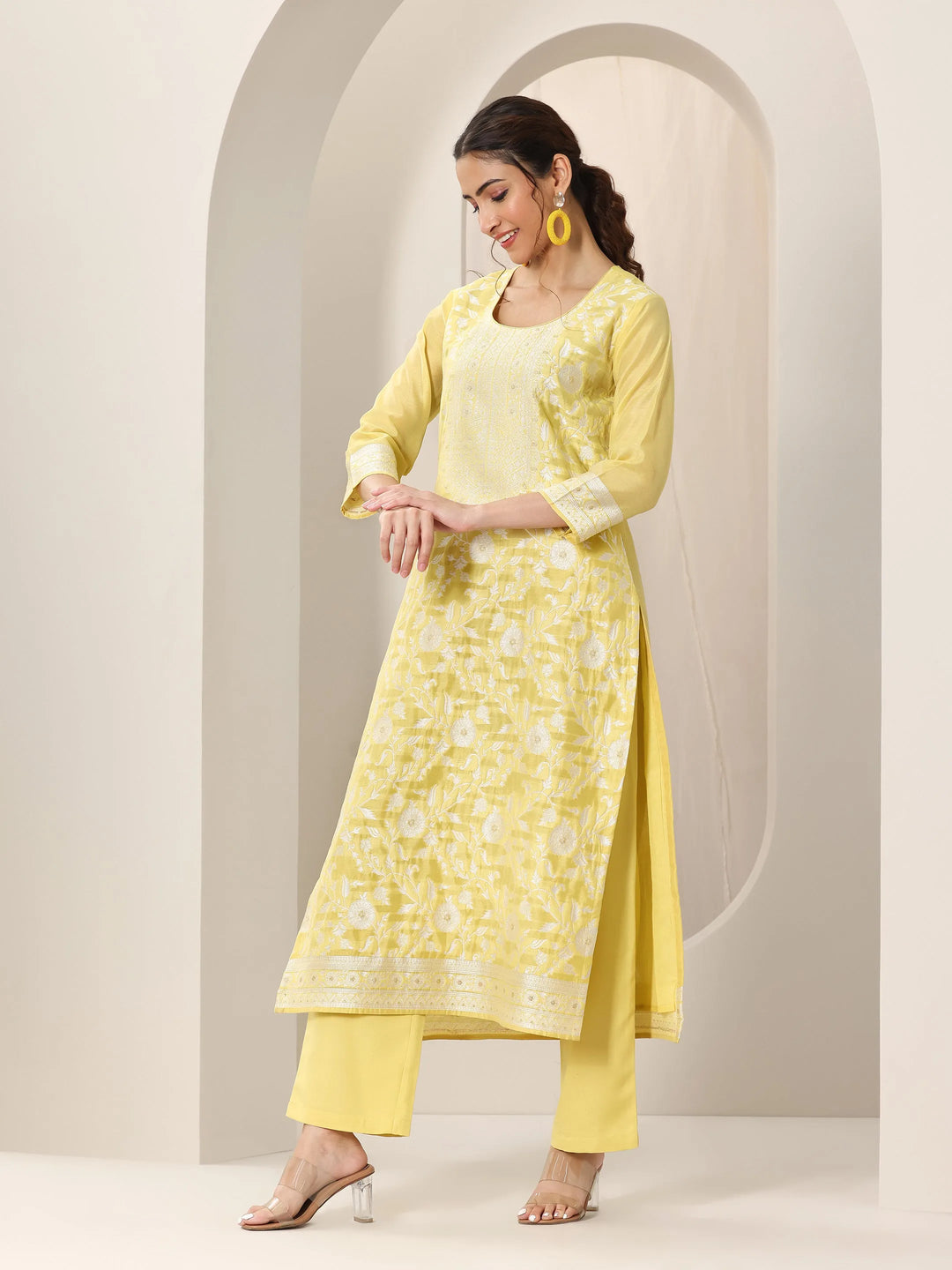 Yellow Woven Design Chanderi Silk Straight Suit Set With Dupatta