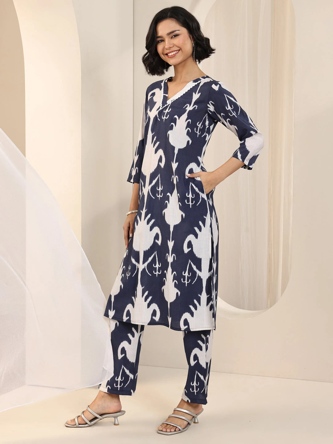 Blue Printed Silk Blend Straight Kurta Set