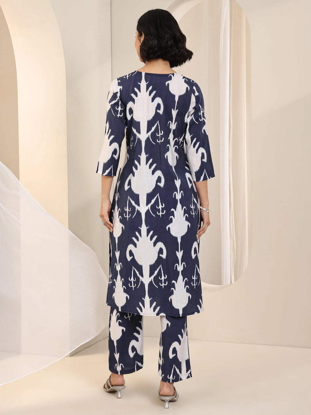 Blue Printed Silk Blend Straight Kurta Set