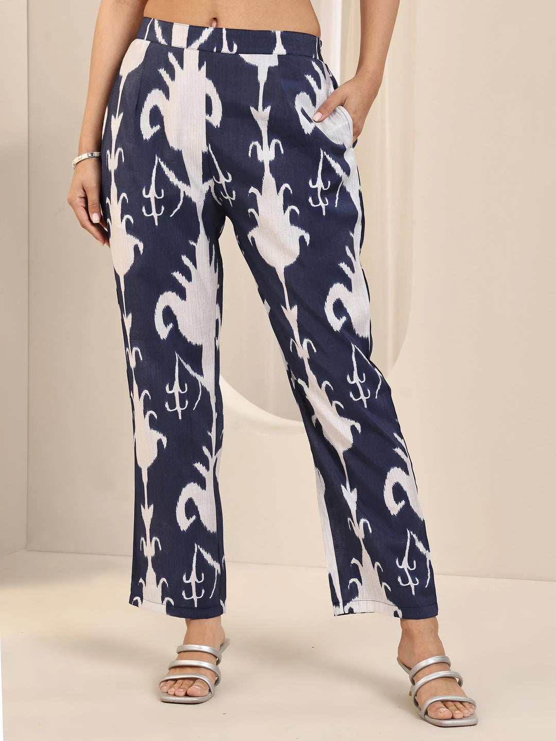 Blue Printed Silk Blend Straight Kurta Set