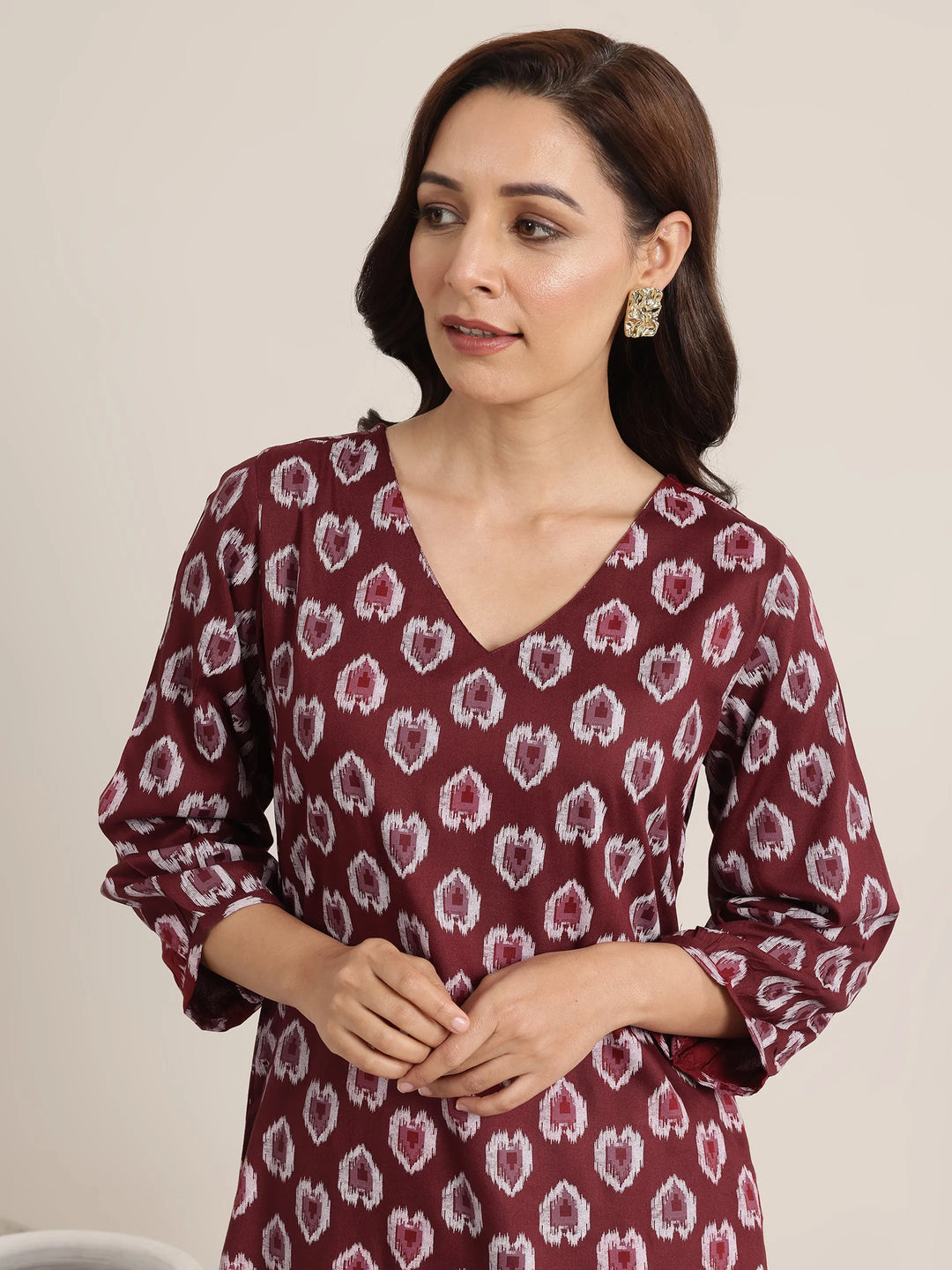 Maroon Printed Rayon Straight Kurta Set