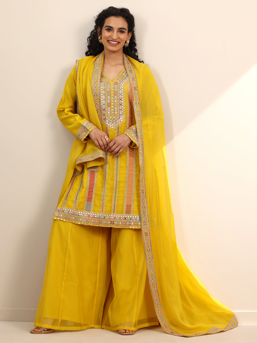 Libas Art Yellow Embellished Organza Straight Suit Set With Dupatta