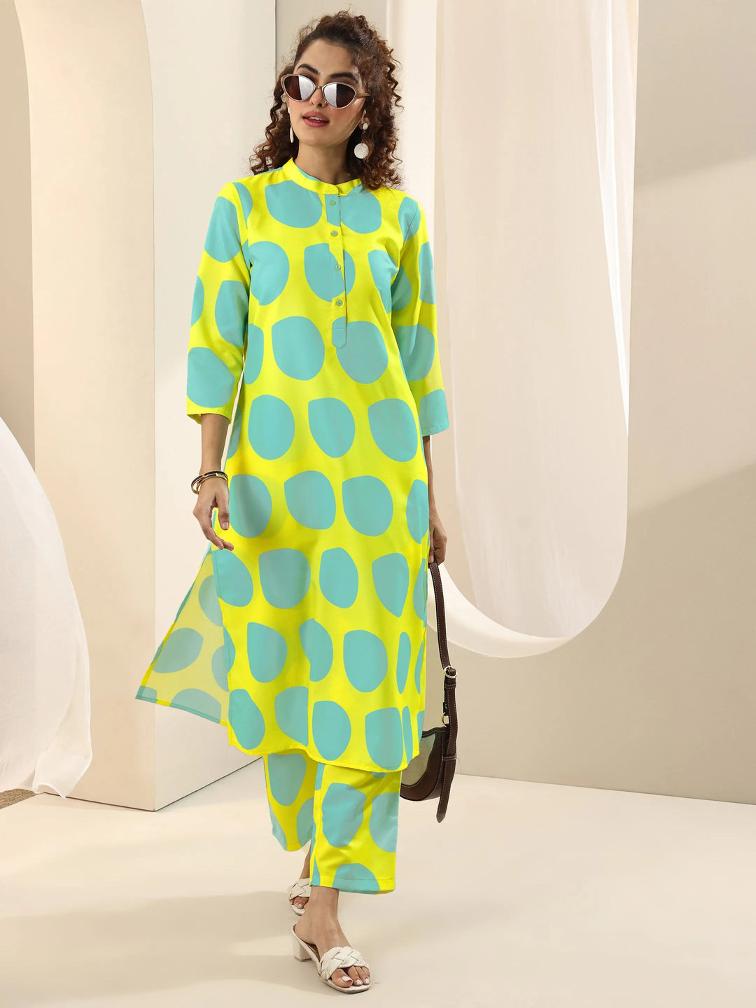 Yellow Printed Rayon Straight Kurta Set
