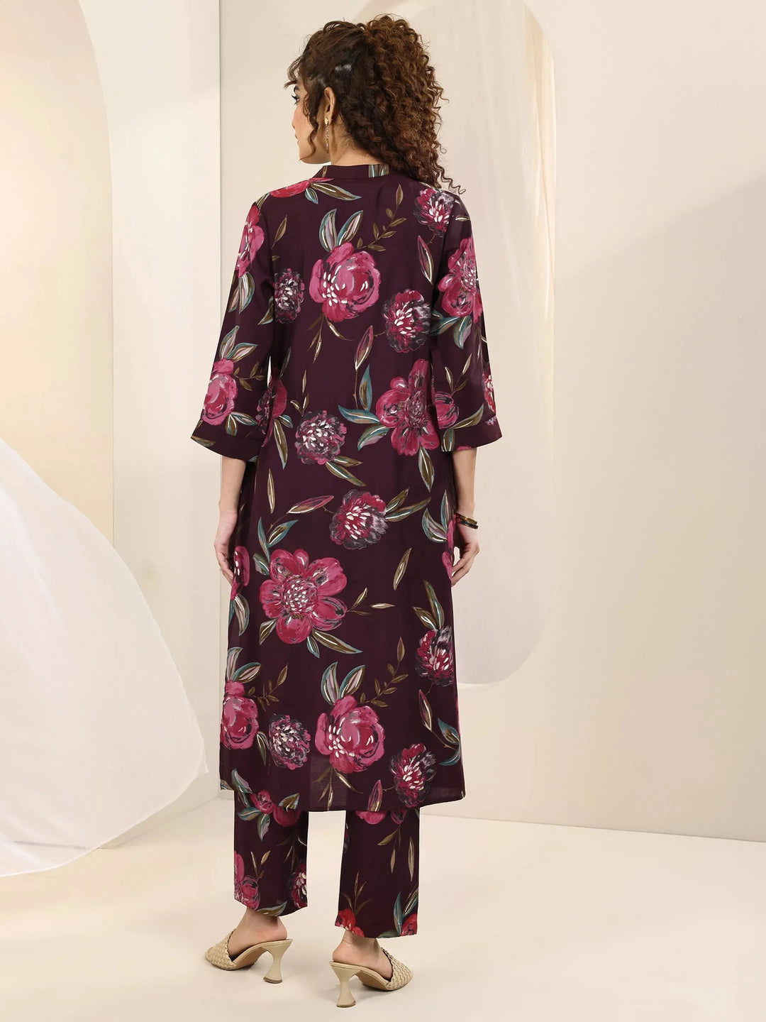 Burgundy Printed Silk Blend Straight Kurta Set