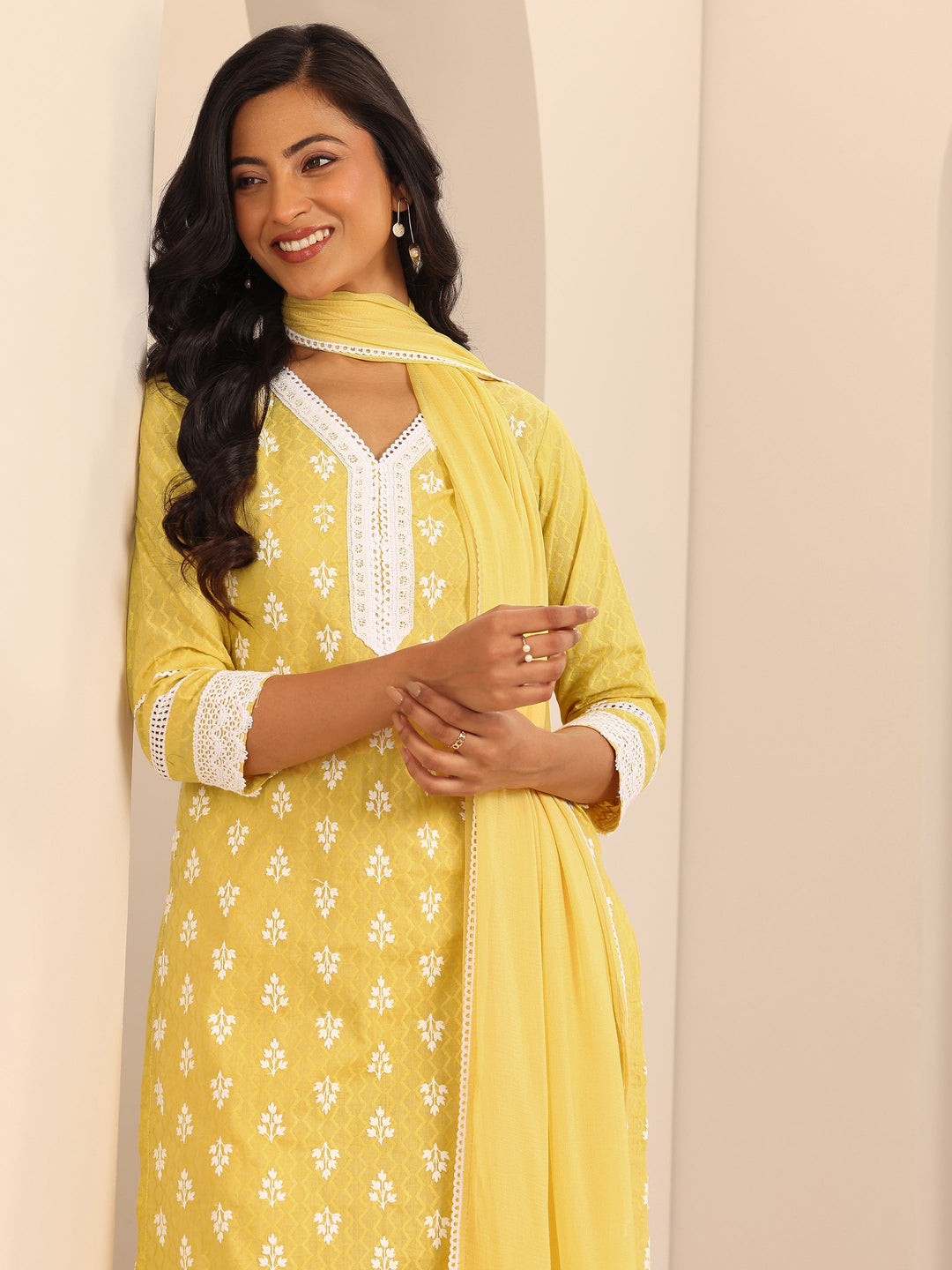 Yellow Embroidered Cotton Straight Suit Set With Dupatta