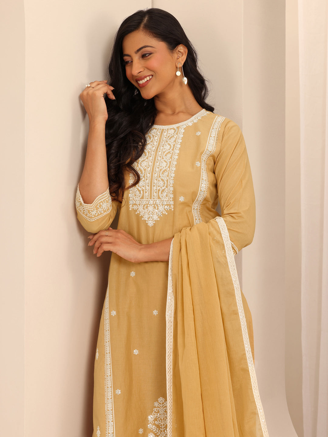 Mustard Embroidered Cotton Straight Suit Set With Dupatta