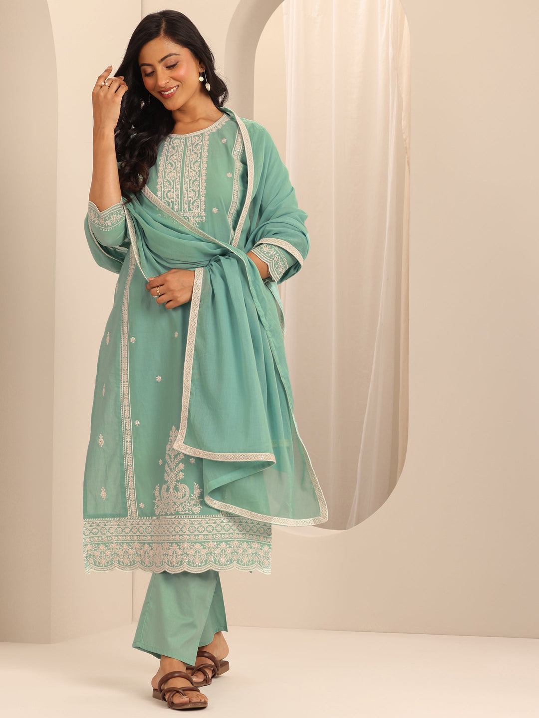 Green Embroidered Cotton Straight Suit Set With Dupatta