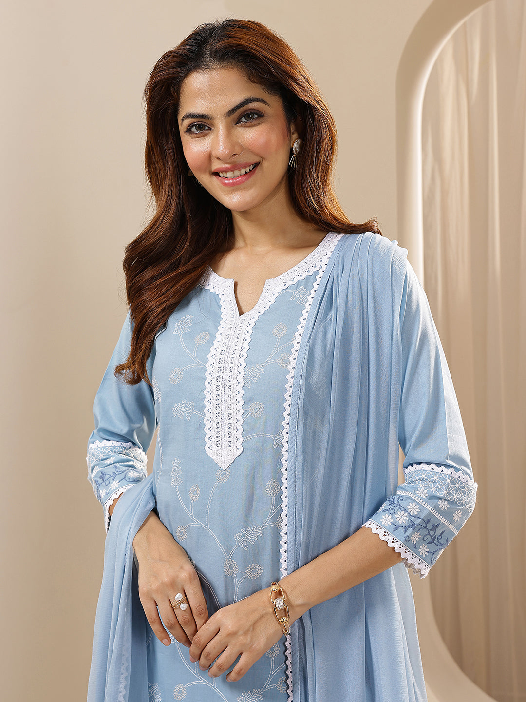 Buy Blue Embroidered Cotton Straight Suit Sets With Dupatta Online