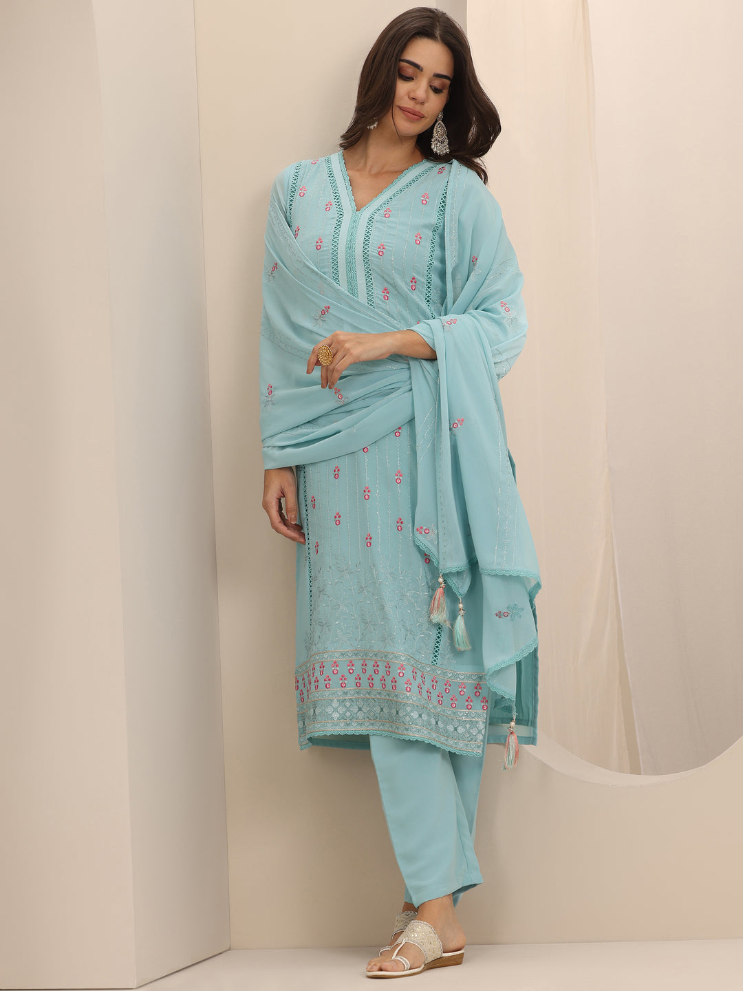 Blue Embroidered Georgette Straight Suit Set With Dupatta