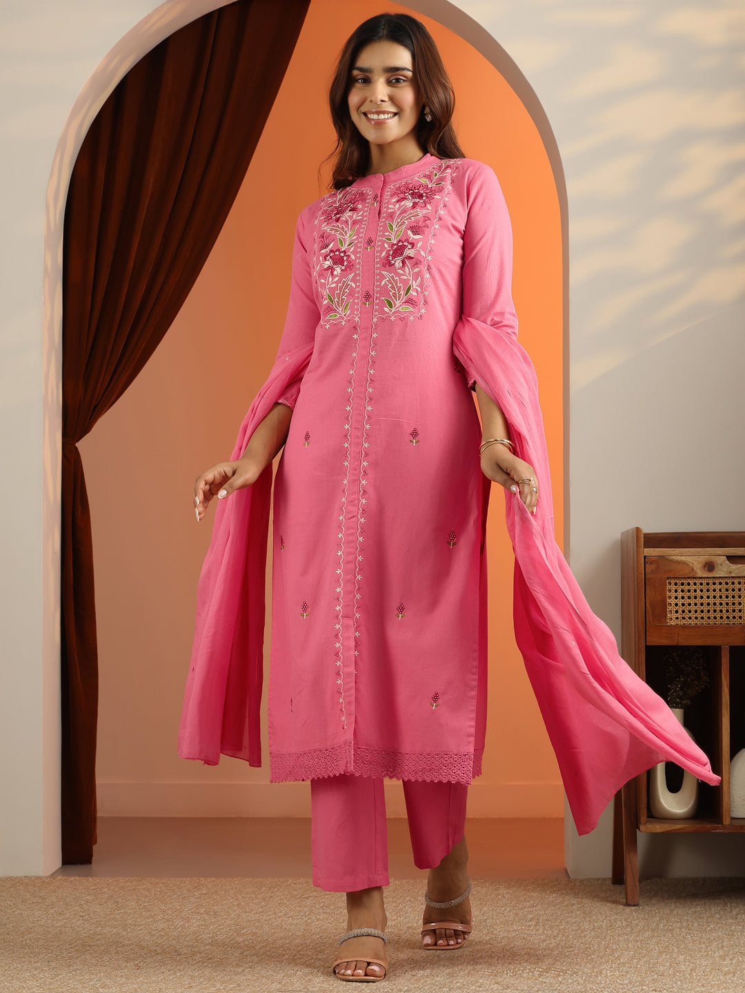 Pink Embroidered Cotton Straight Suit Set With Dupatta