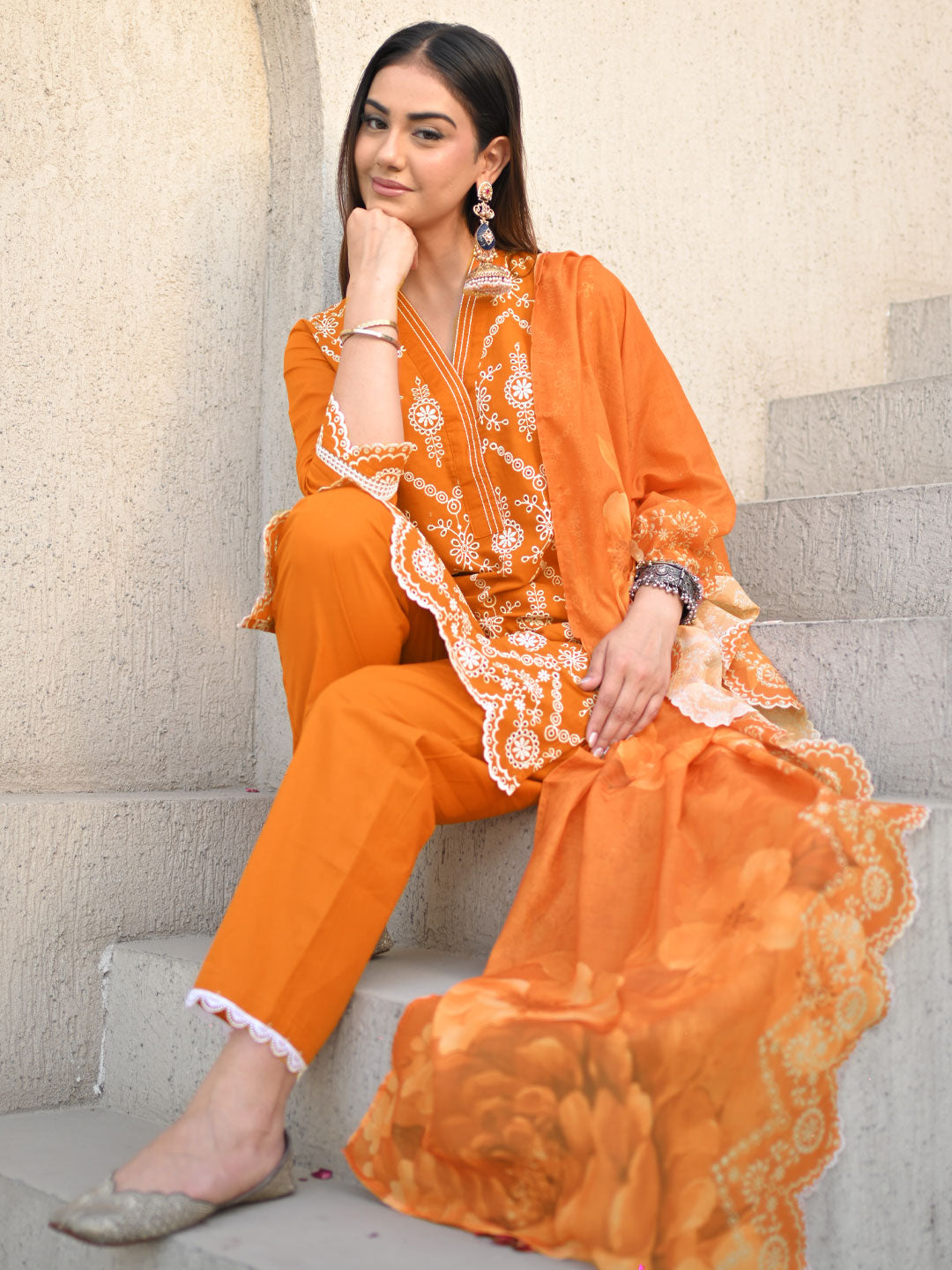 Buy Orange Embroidered Cotton Straight Suit Set With Dupatta