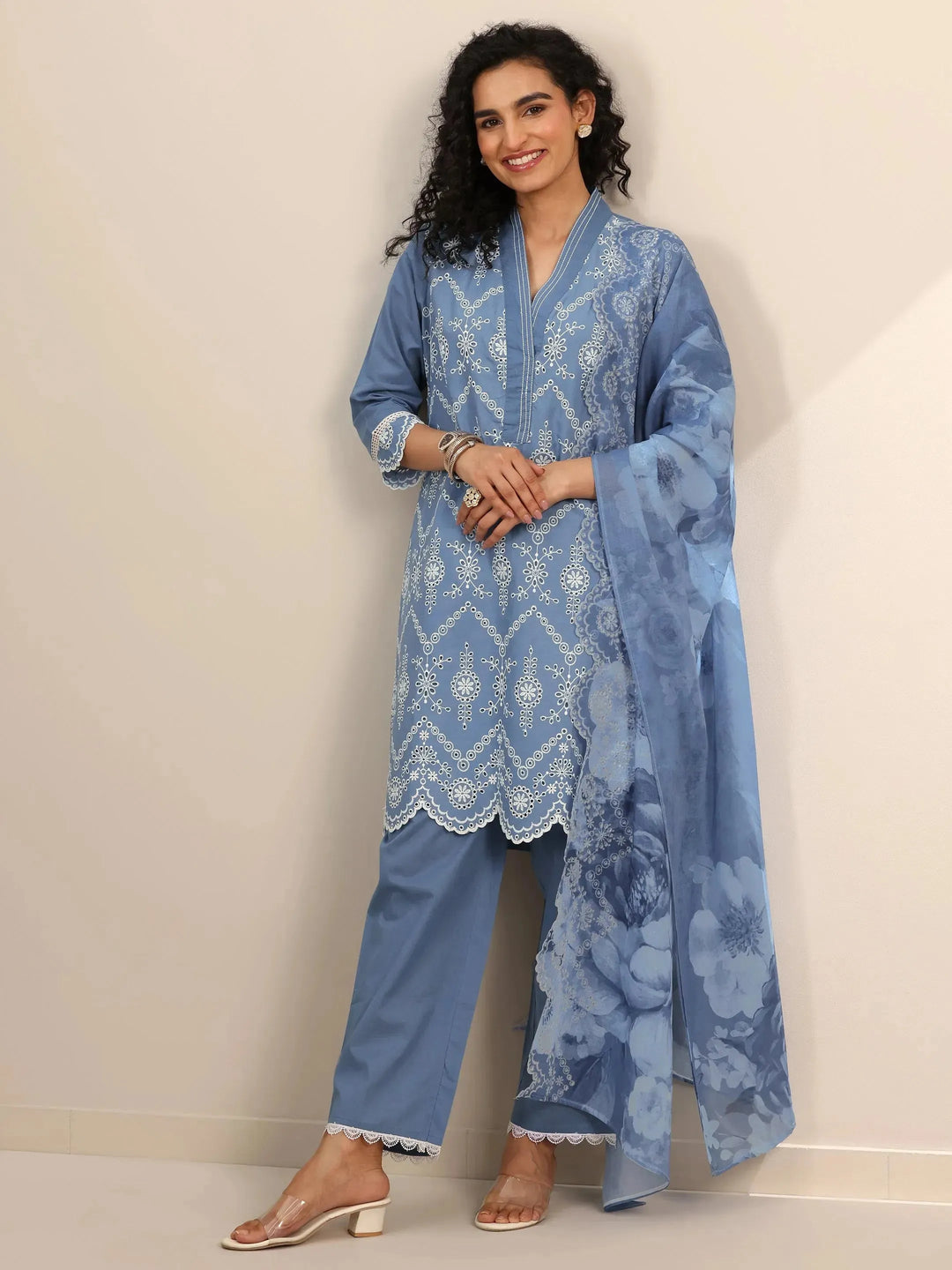 Blue Embroidered Cotton Straight Suit Set With Dupatta
