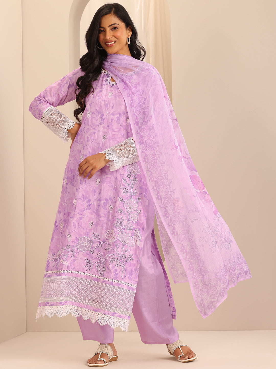 Libas Art Purple Embroidered Muslin Straight Suit Set With Dupatta