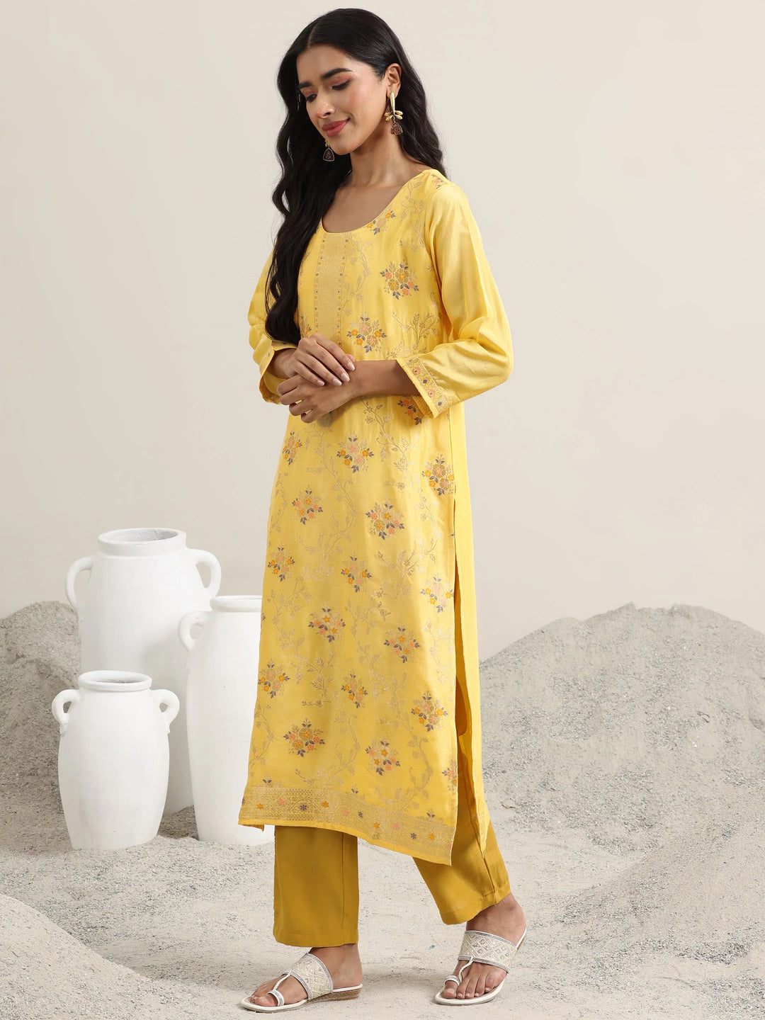 Yellow Woven Design Silk Blend Straight Suit With Dupatta