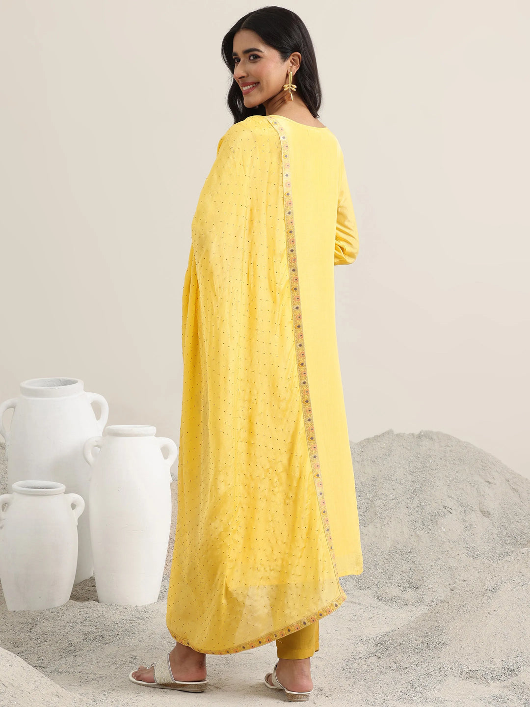 Yellow Woven Design Silk Blend Straight Suit With Dupatta