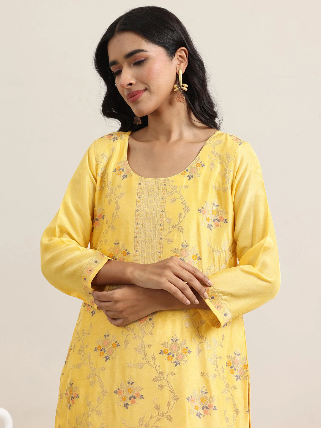 Yellow Woven Design Silk Blend Straight Suit With Dupatta