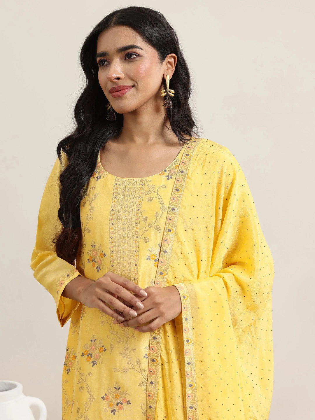 Yellow Woven Design Silk Blend Straight Suit With Dupatta