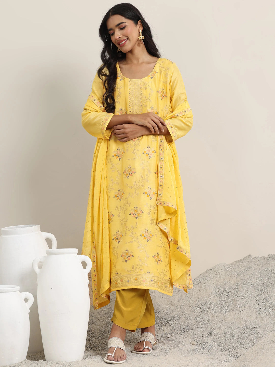 Yellow Woven Design Silk Blend Straight Suit With Dupatta