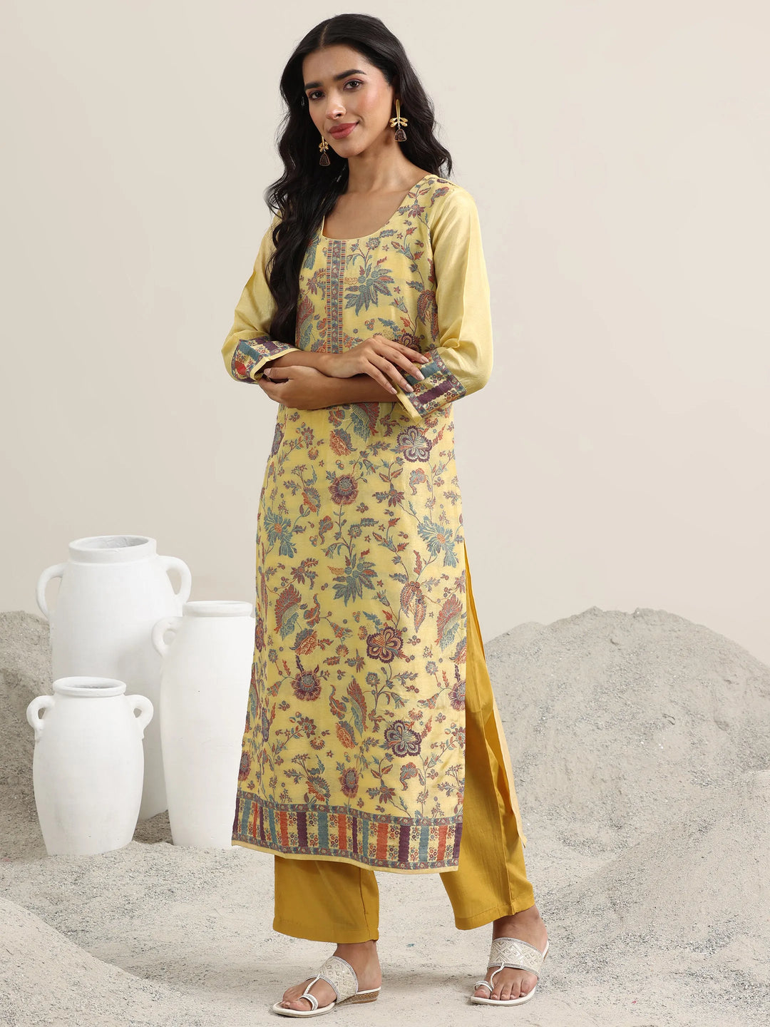 Yellow Woven Design Silk Blend Straight Suit With Dupatta