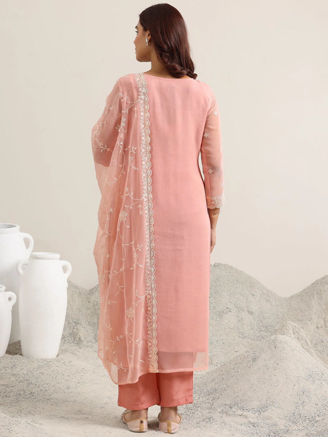Peach Embroidered Poly Chiffon Straight Suit With Dupatta