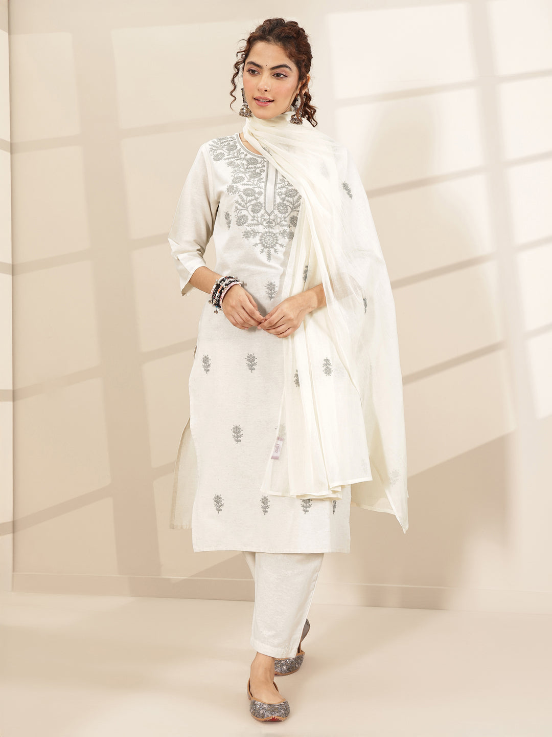 White Embroidered Cotton Blend Straight Suit Sets With Dupatta