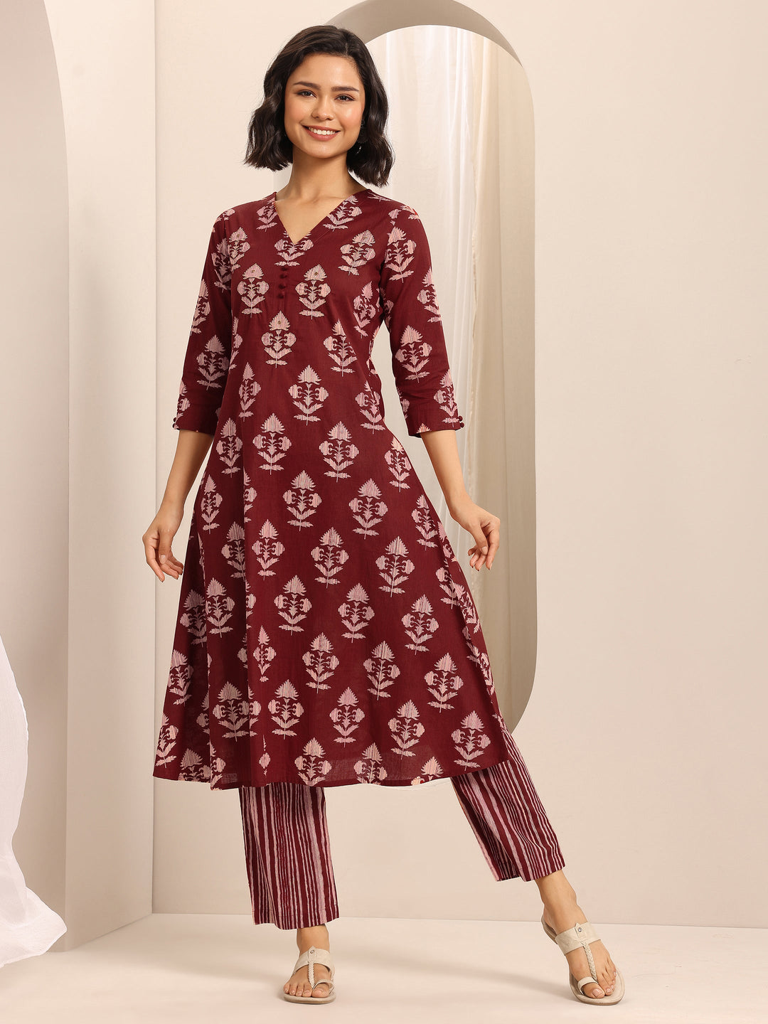 Red Printed Cotton Blend A-line Kurta Set