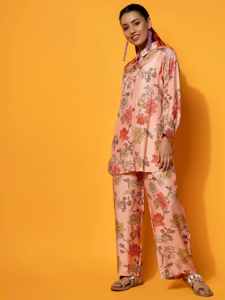 Peach Printed Silk Blend Co-Ords - Libas