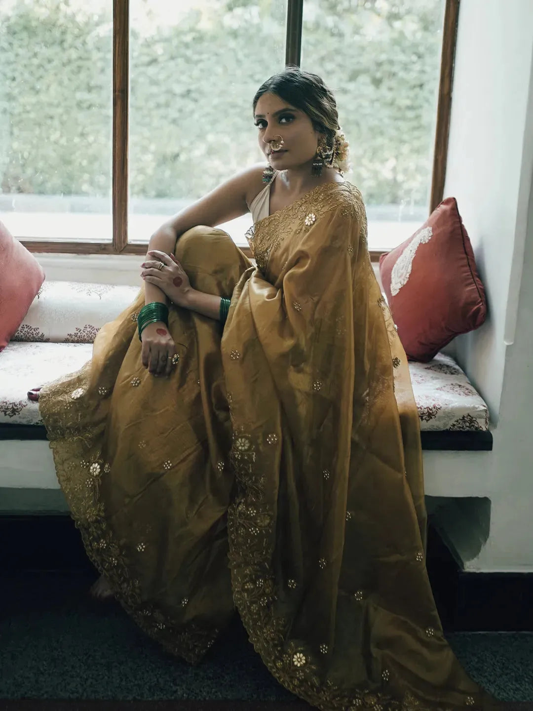 Libas Art Green Solid Nylon Ready to Wear Saree