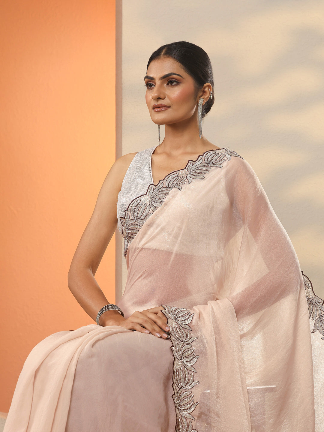 Beige Solid Organza Saree With Unstitched Blouse Piece
