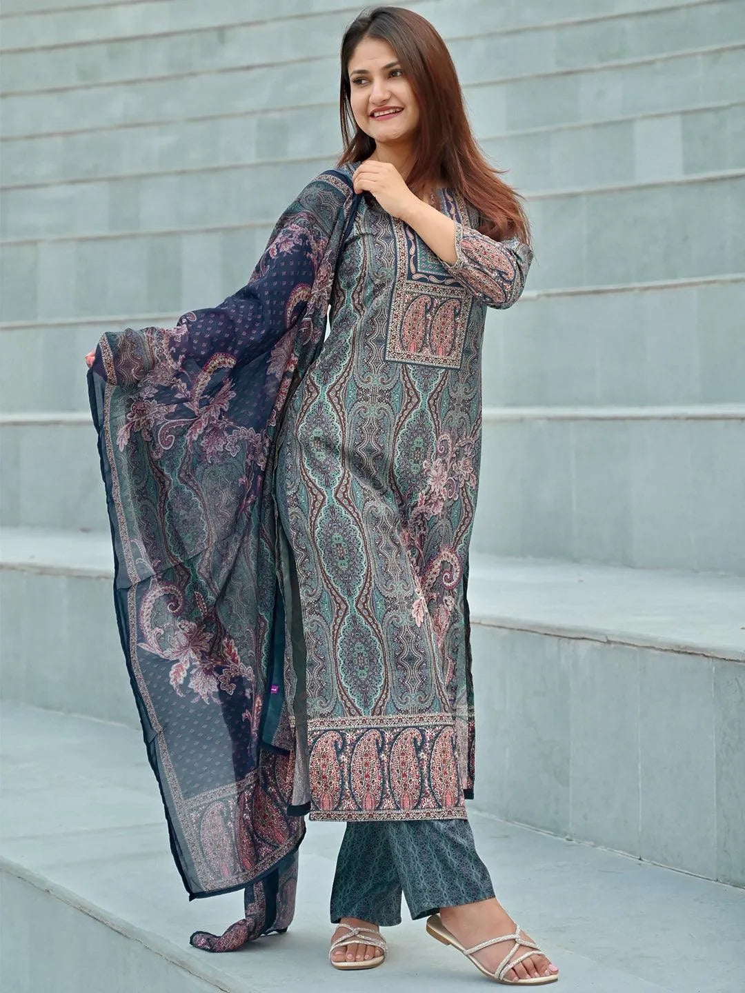 Blue Printed Crepe Straight Kurta With Trousers & Dupatta
Blue Printed Crepe Straight Kurta With Trousers & Dupatta