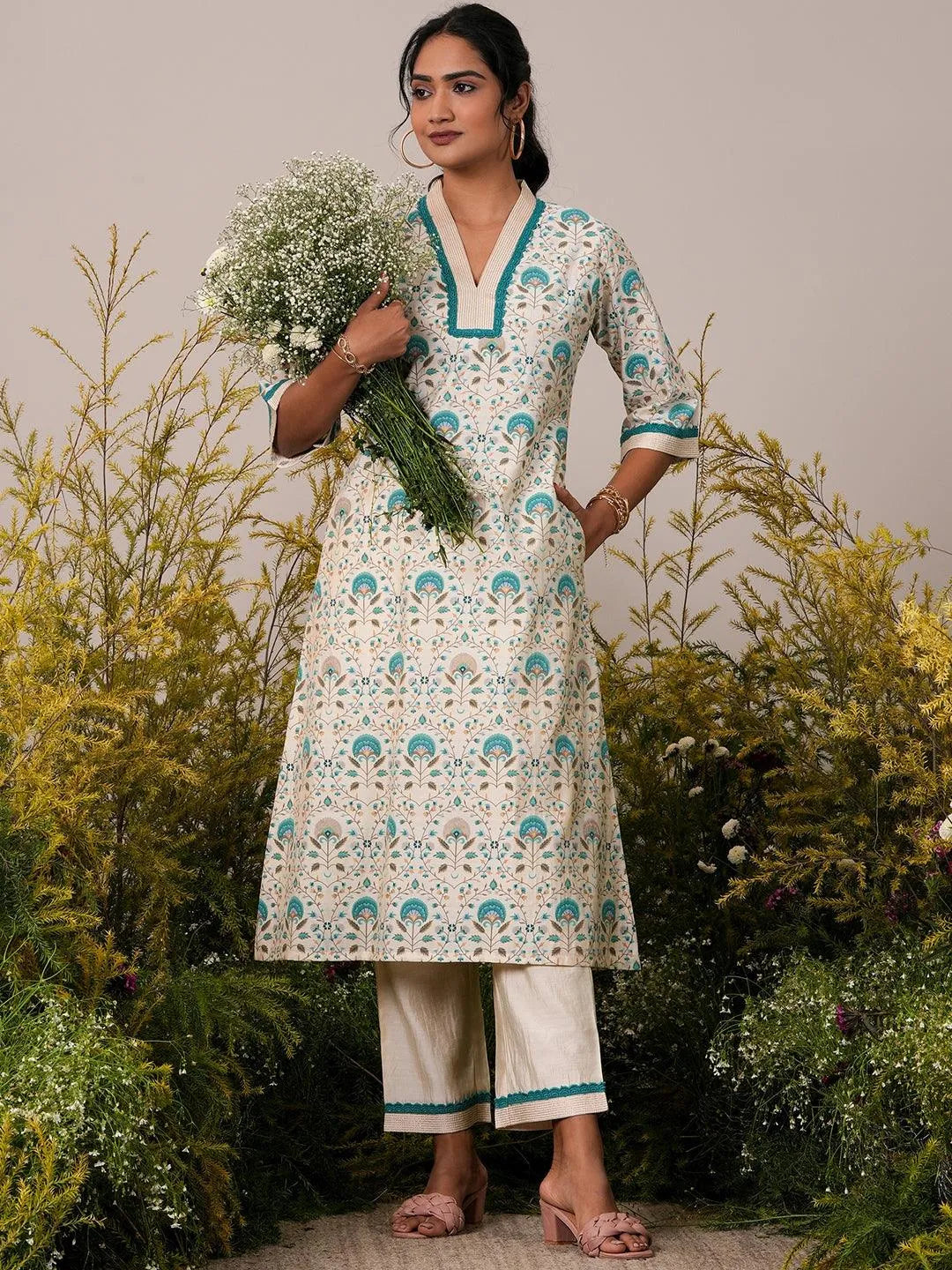 Beige Printed Chanderi Silk A-Line Kurta With Palazzos Online at Rs.1319 | Libas