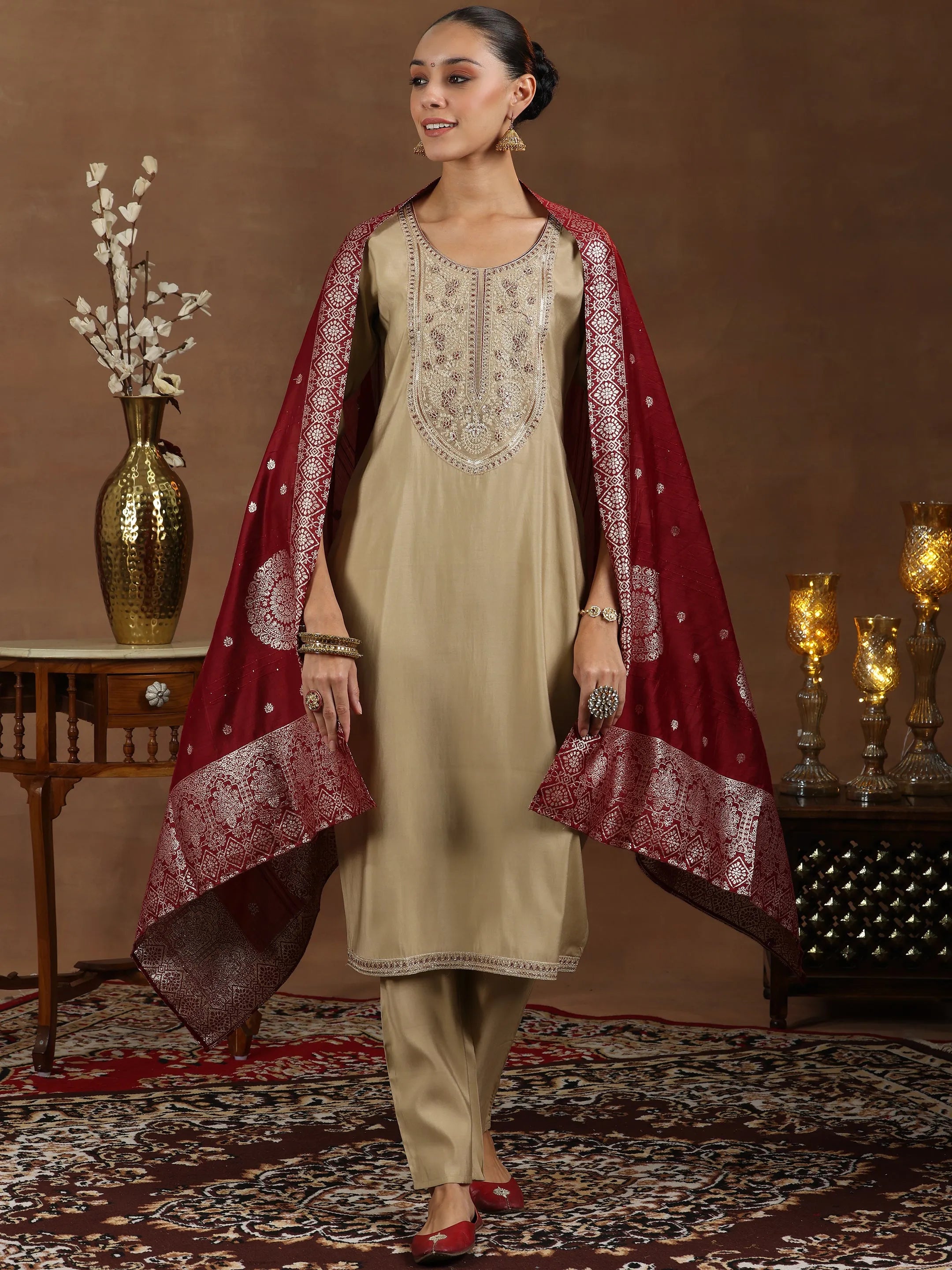Beige Yoke Design Silk Blend Straight Suit With Dupatta Online at Rs.1199 | Libas