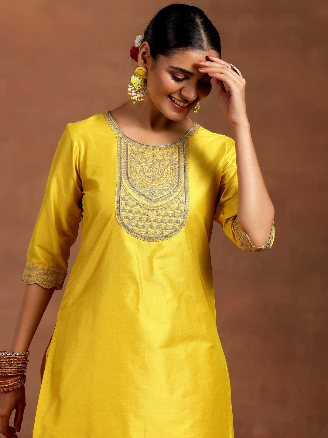 Yellow Yoke Design Silk Blend Straight Suit With Dupatta