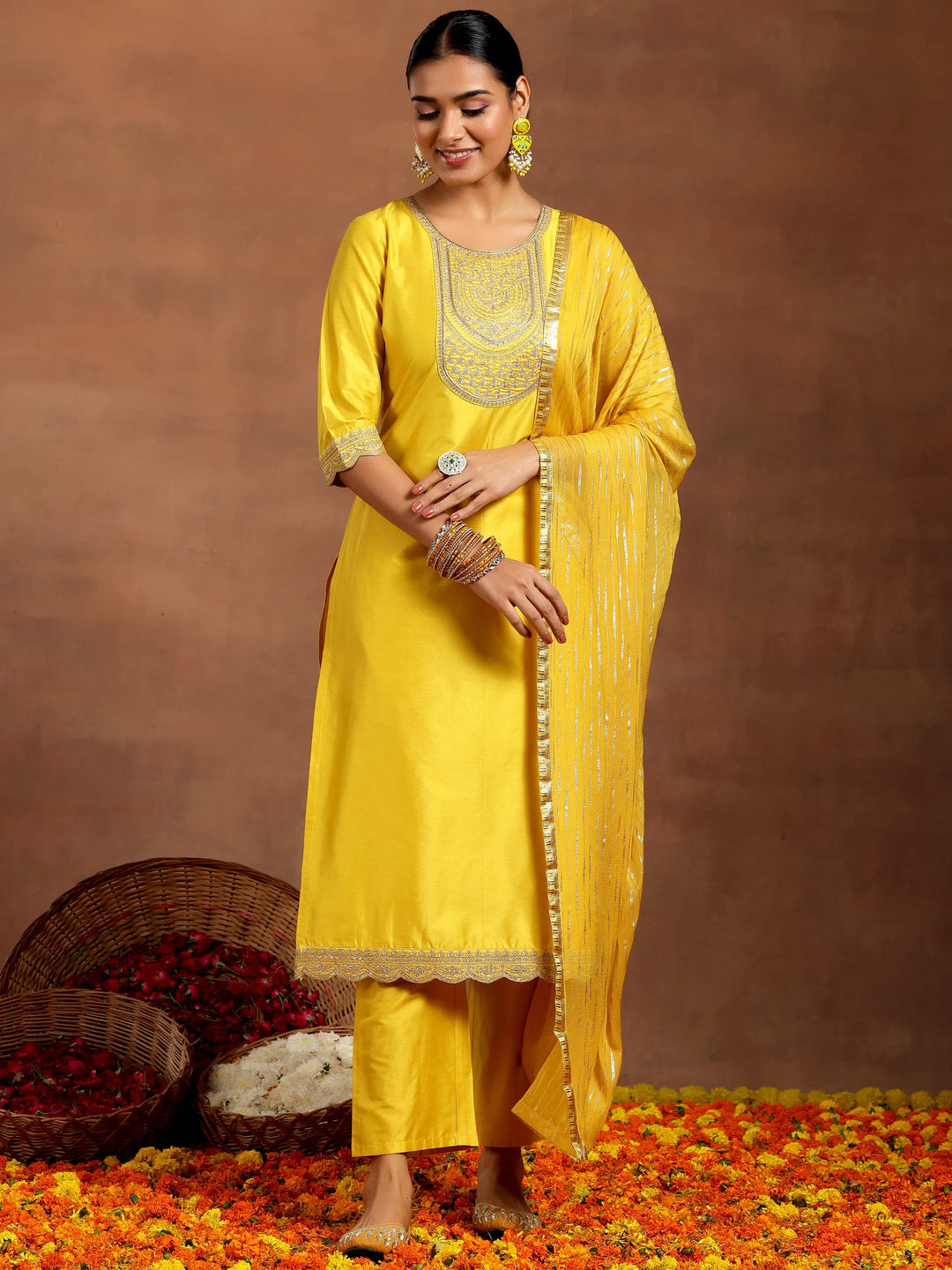 Yellow Yoke Design Silk Blend Straight Suit With Dupatta