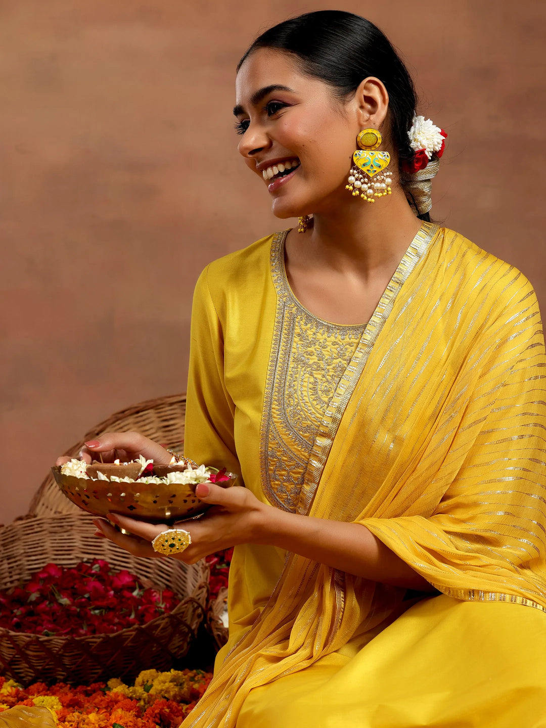 Yellow Yoke Design Silk Blend Straight Suit With Dupatta