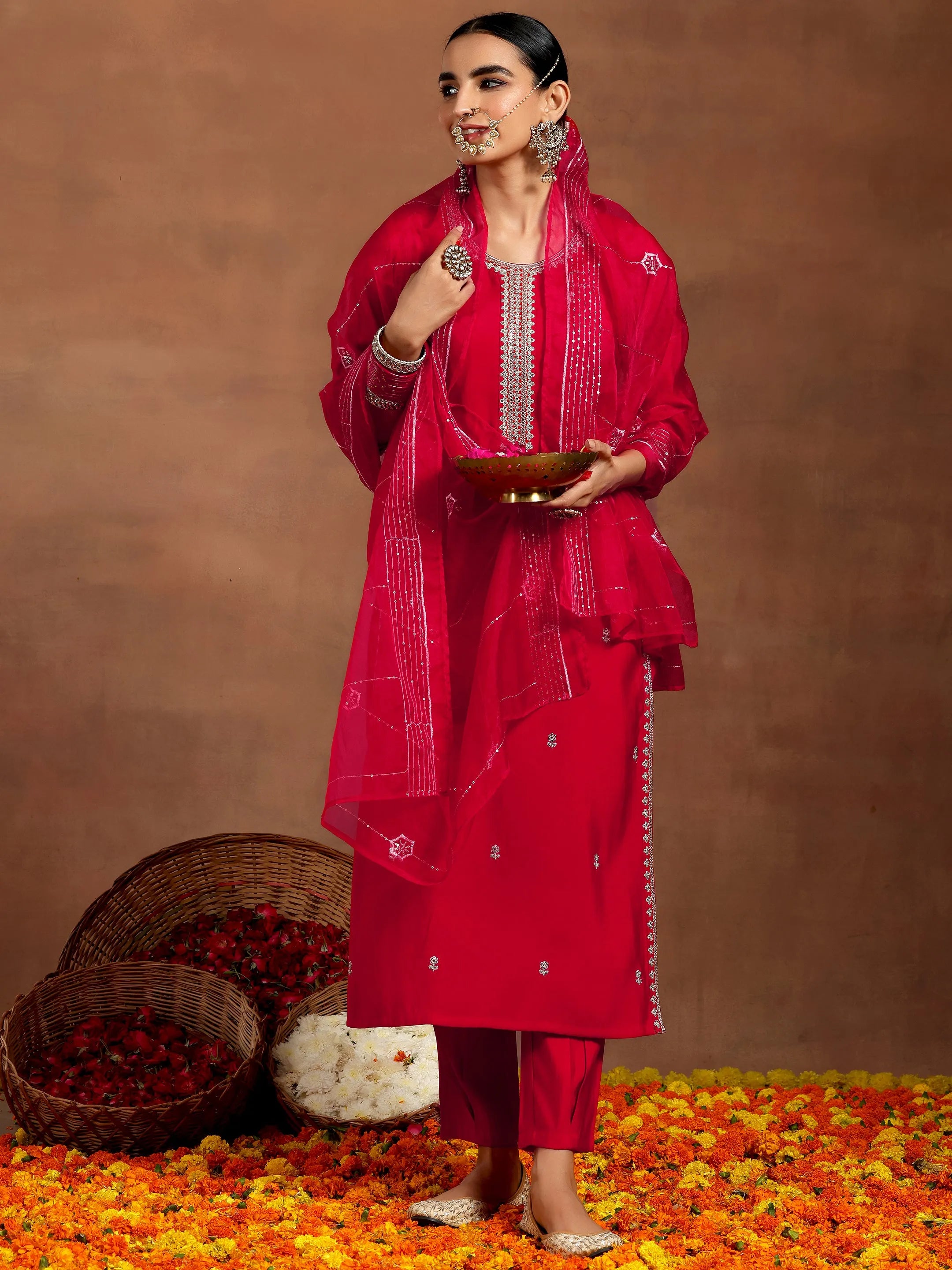 Red Printed Silk Blend Dress Material With Dupatta