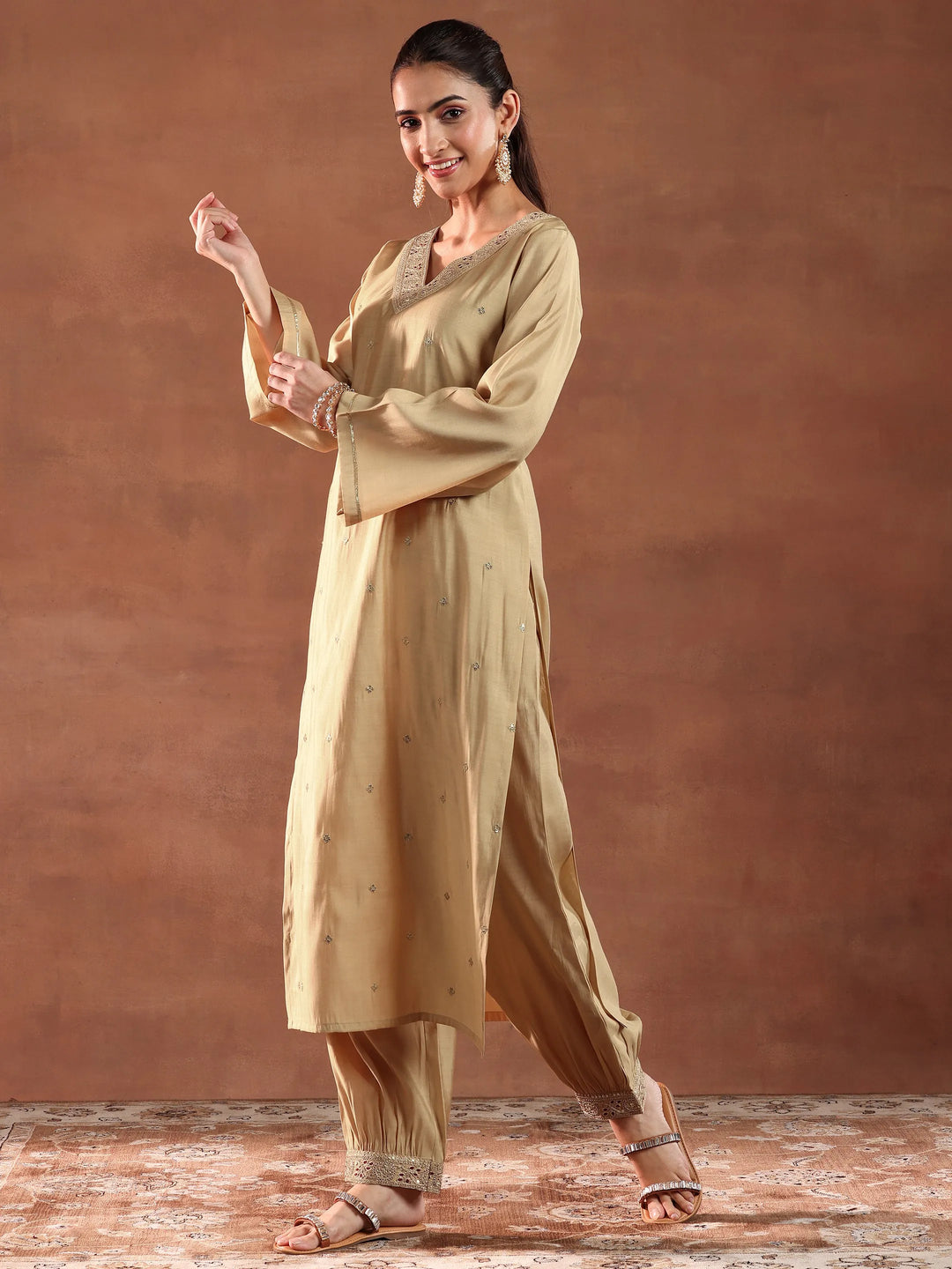 Beige Embroidered Silk Blend Straight Suit With Dupatta