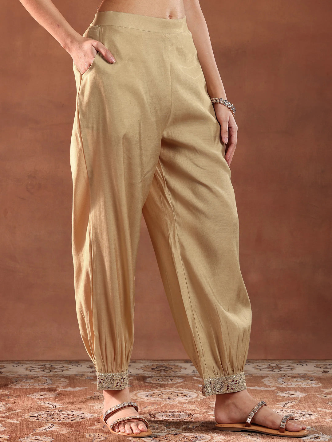 Beige Embroidered Silk Blend Straight Suit With Dupatta