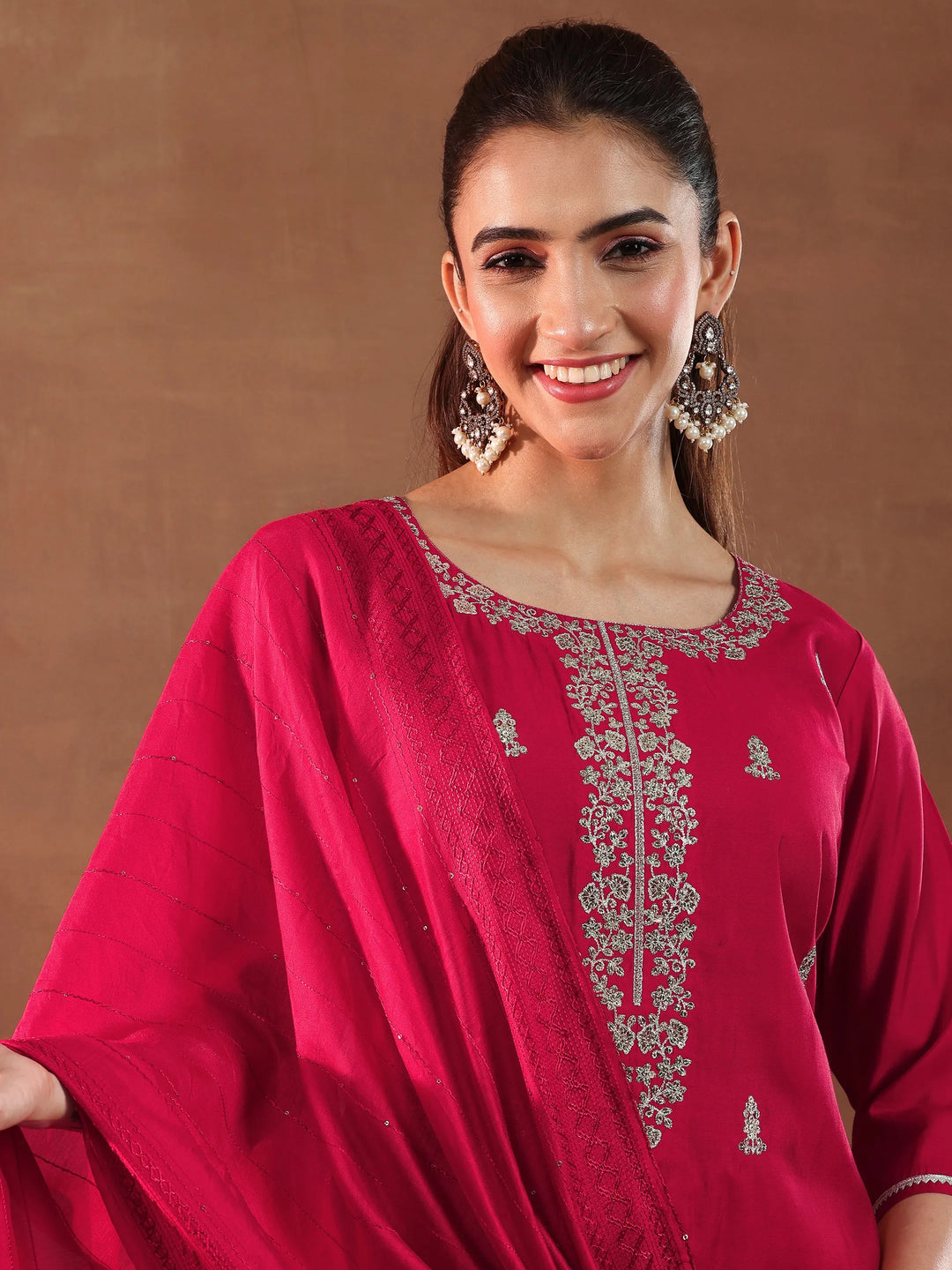 Red Embroidered Silk Blend Straight Suit With Dupatta-color issue
