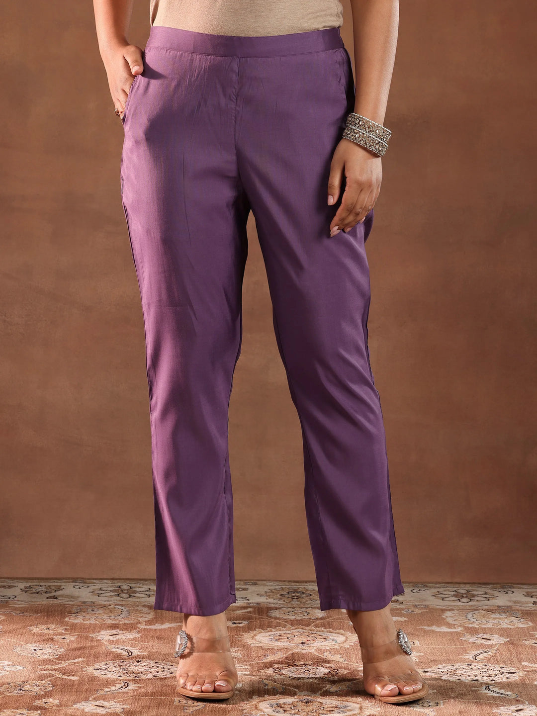 Mauve Embroidered Silk Blend Straight Suit With Dupatta