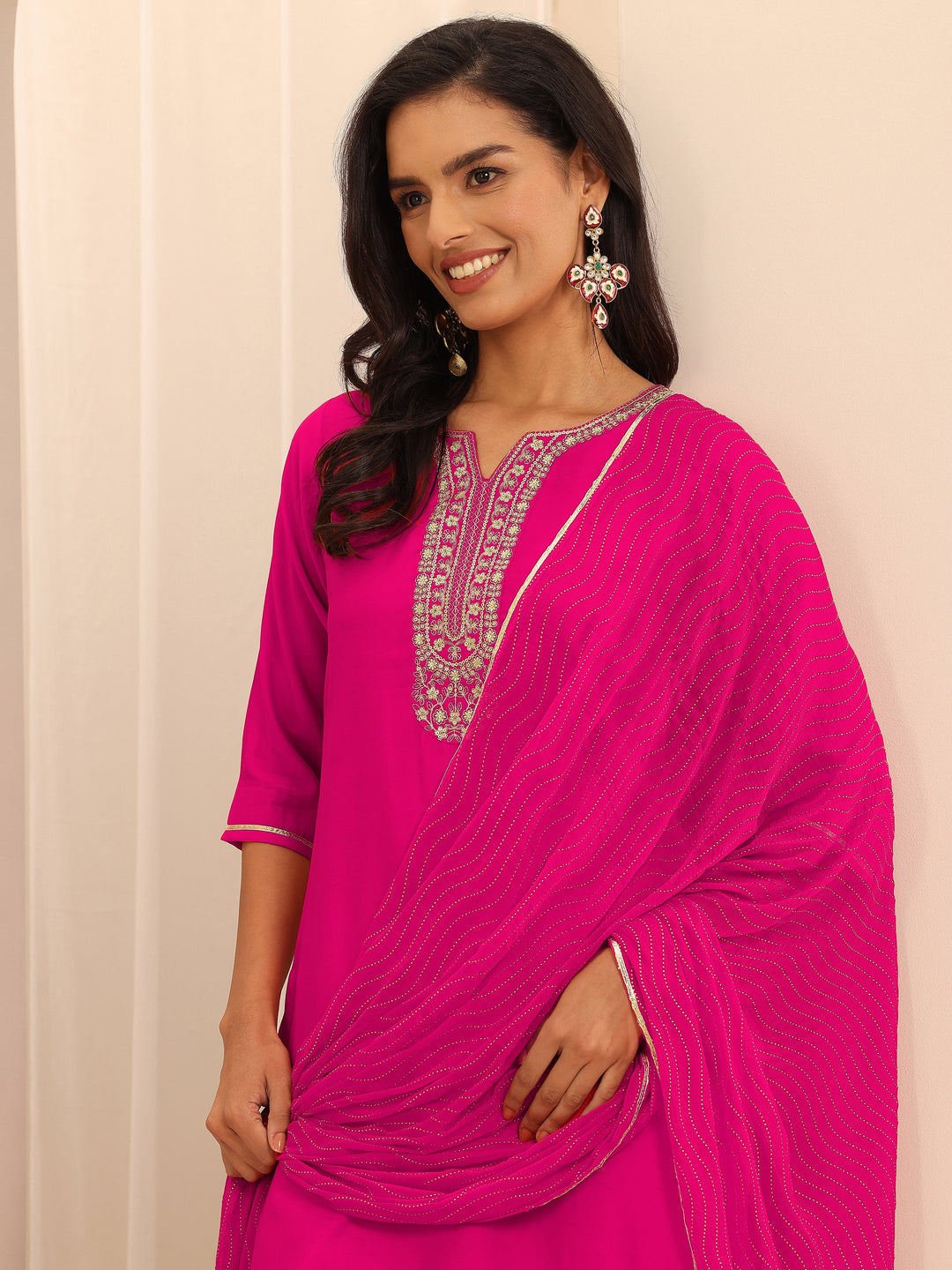 Pink Embellished Silk Blend Straight Suit Set With Dupatta