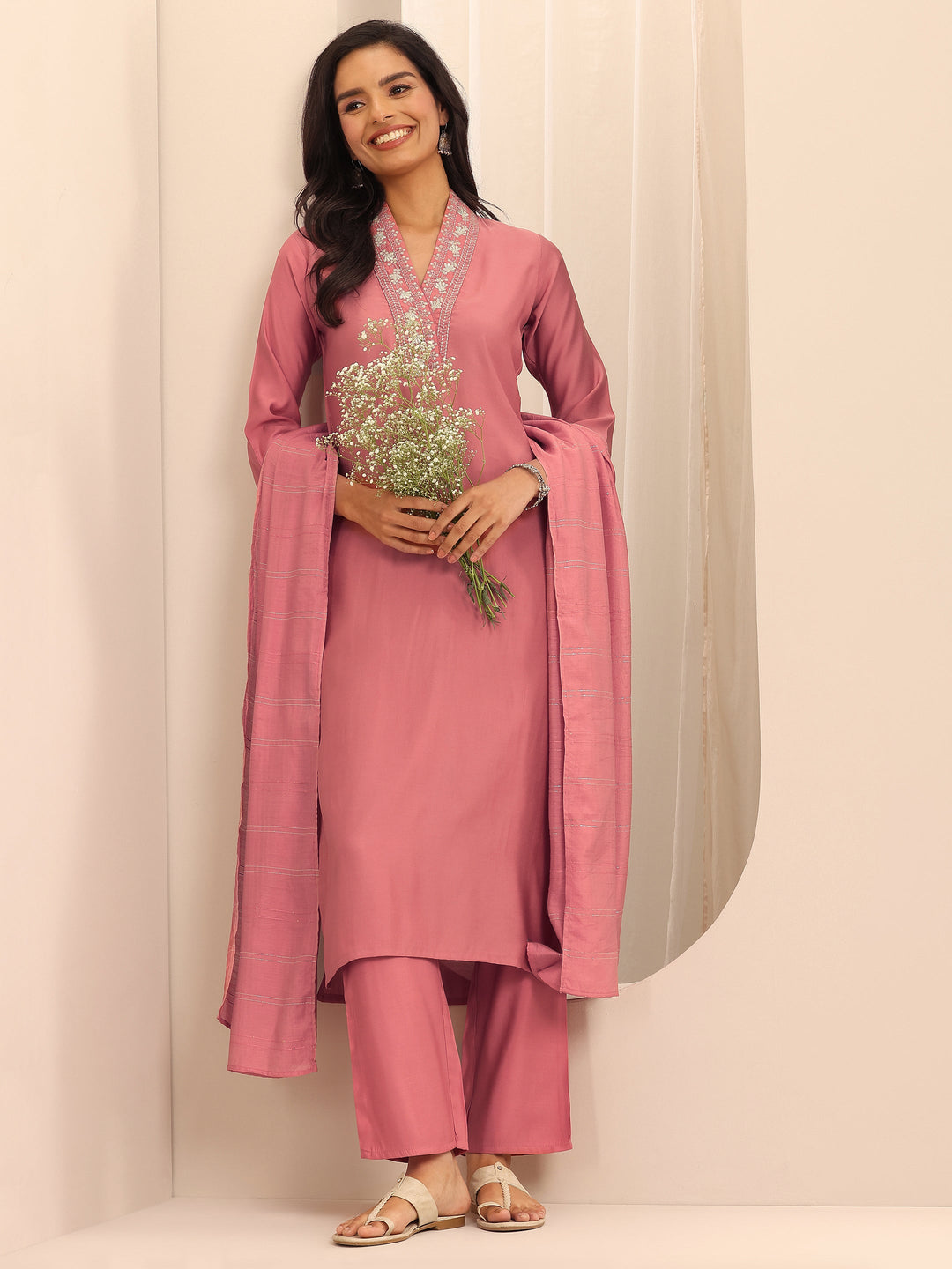 Peach Embellished Silk Blend Straight Suit Set With Dupatta