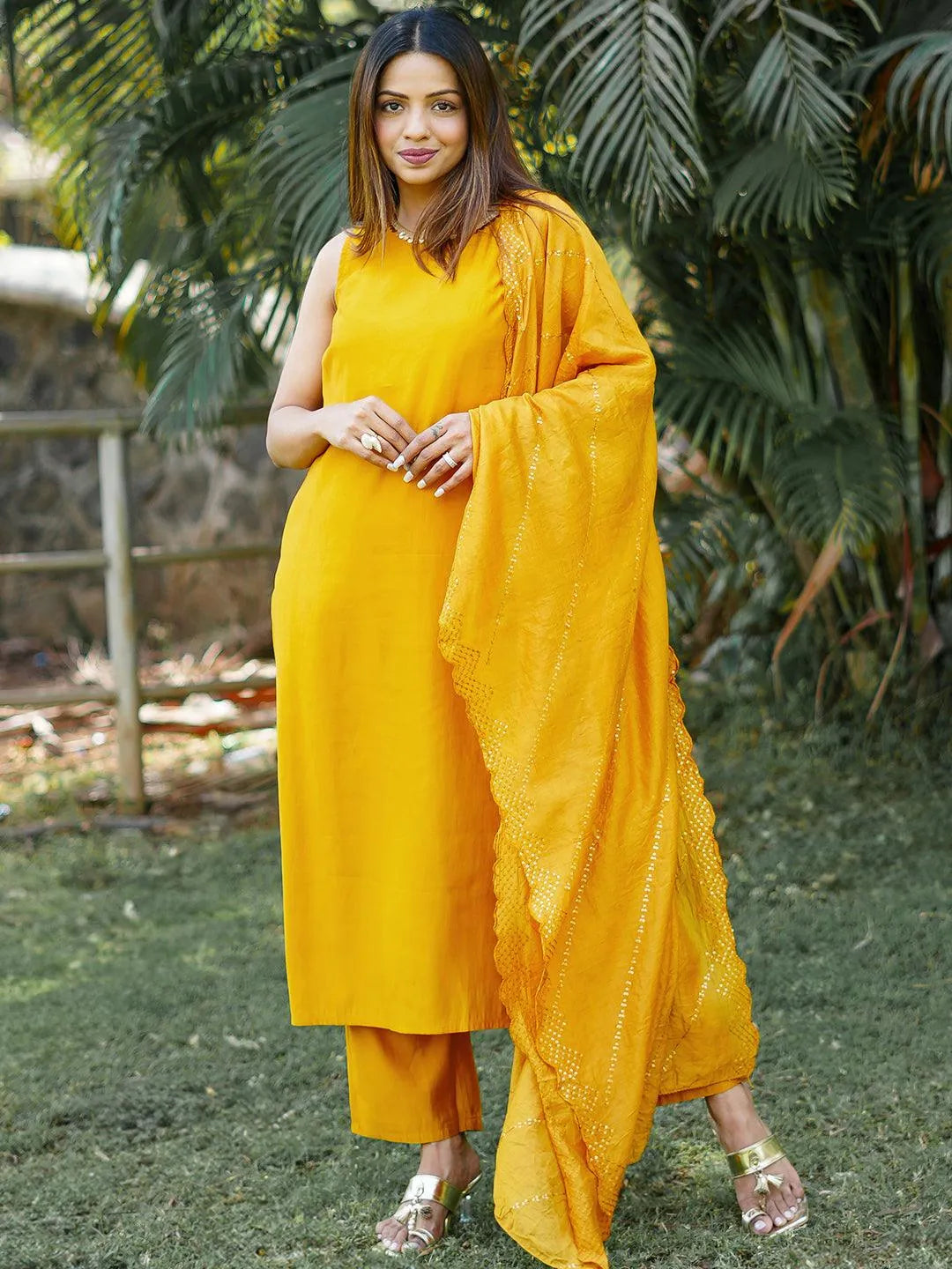 Mustard Solid Silk Blend Straight Suit With Dupatta - Libas