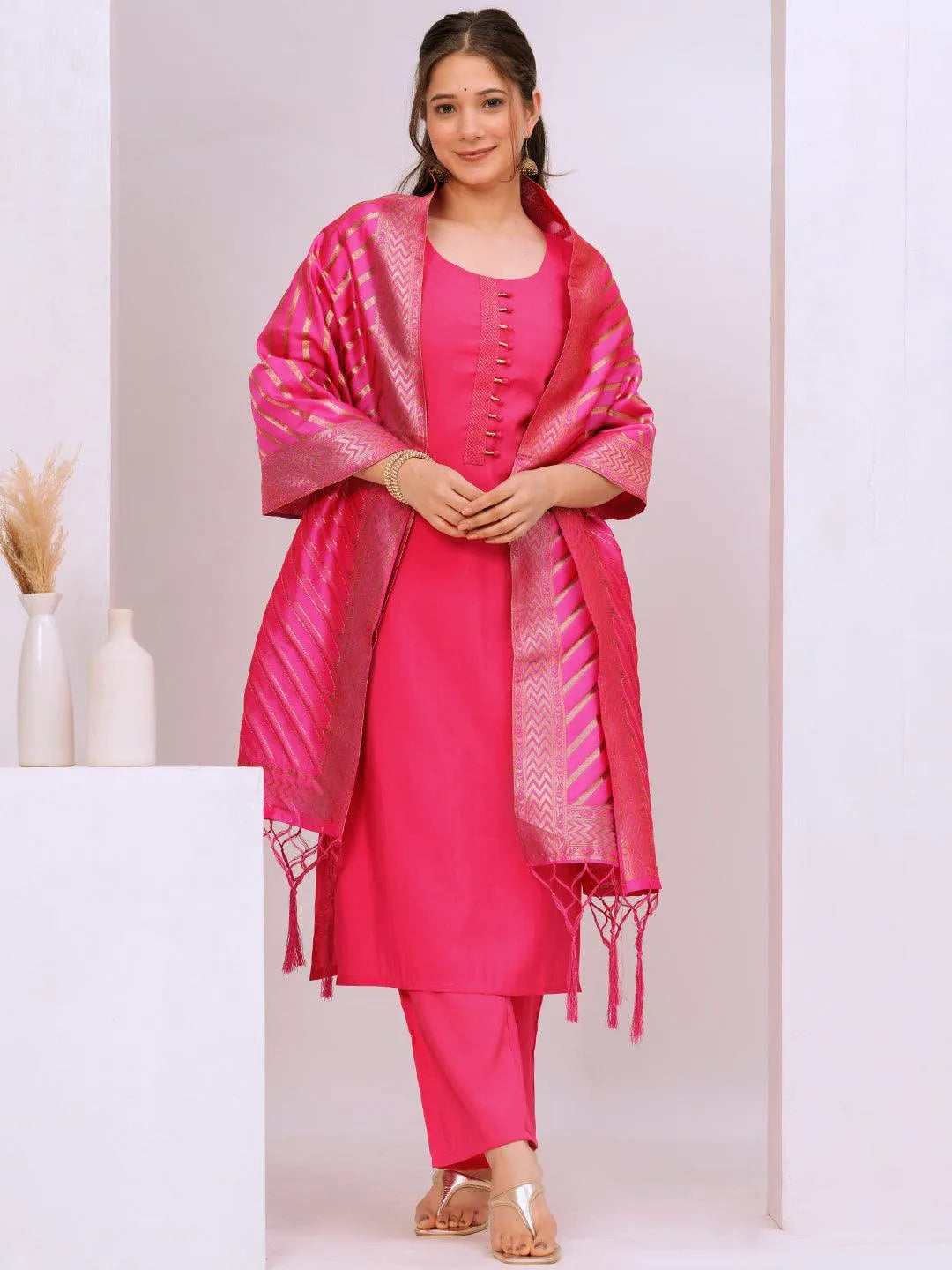 Pink Solid Silk Blend Straight Kurta With Trousers & Dupatta Online at Rs.1249 | Libas